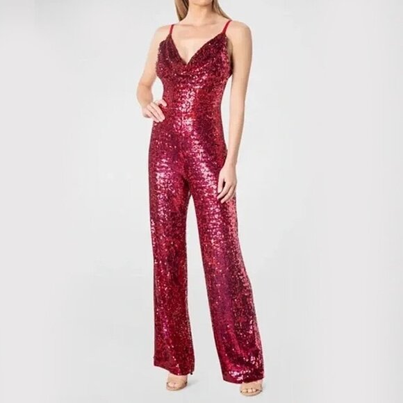 Dress the Population Pants - NWT Dress The Population Meyer Sequin Jumpsuit Rouge Straight Leg Formal Size L